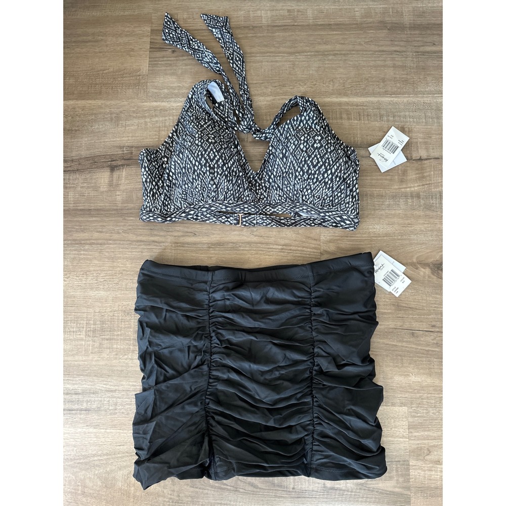 Raisins Curve Whitehaven Bra Halter Top 18W Costa Ruched Swim Skirt 14W Set BLK